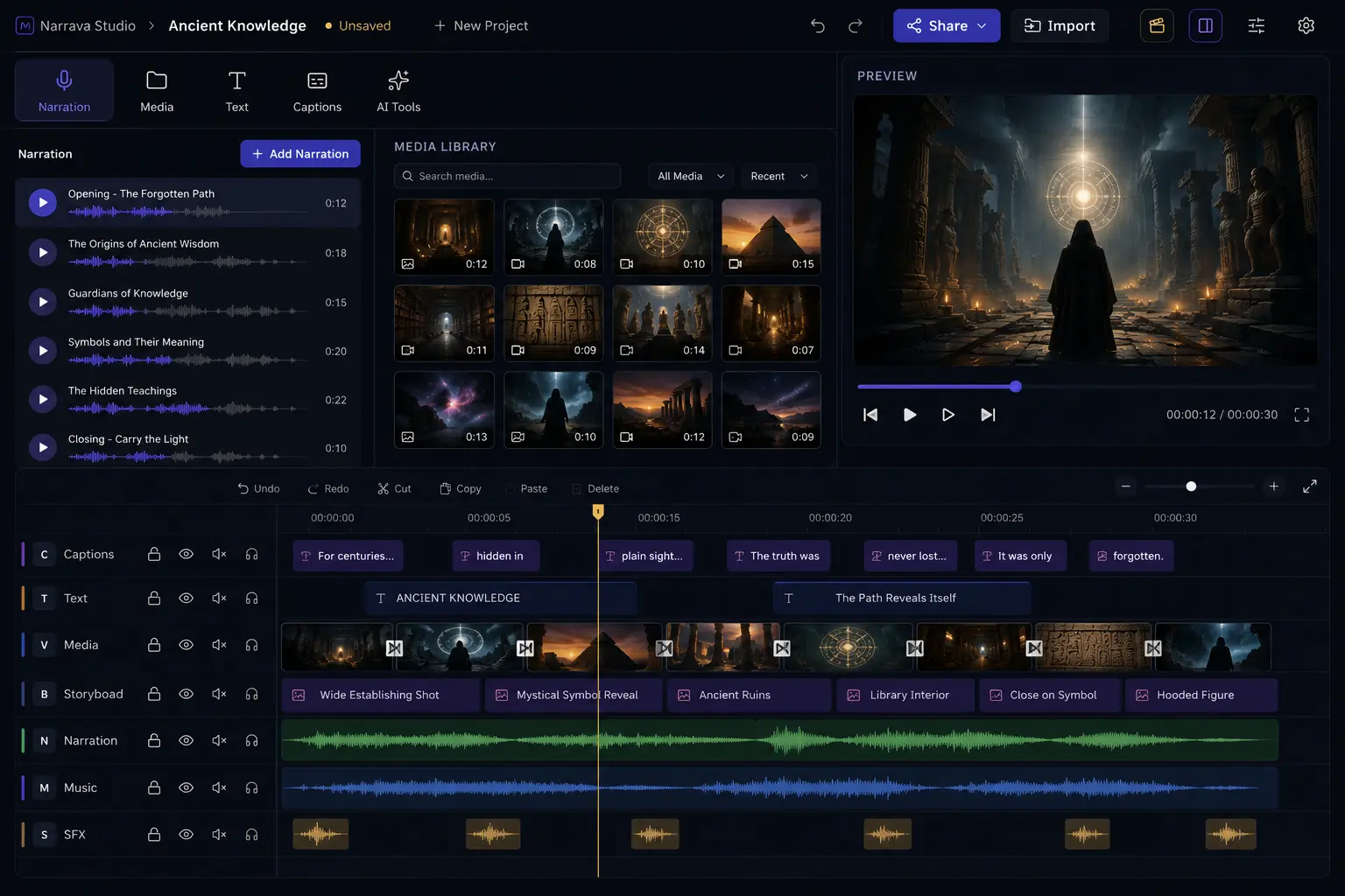 Narrava Studio editor — a narration list and media library beside a video preview, over a multi-track timeline of captions, text, media, storyboard, narration, music and SFX lanes.